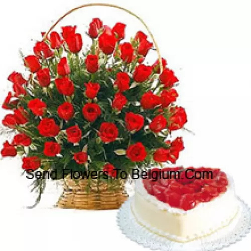 A Beautiful Basket Of 51 Red Roses With Seasonal Fillers And A 1 Kg Heart Shaped Vanilla Cake