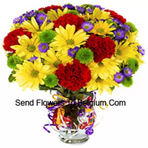 Red Carnations And Yellow Gerberas Beautifully Arranged In A Vase -- 25 Stems And Fillers