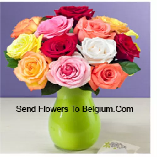11 gemischte farbige Rosen mit etwas Farn in einer Vase