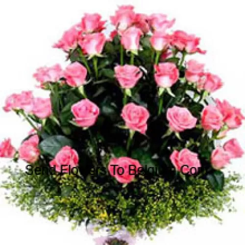 Basket Of 31 Pink Roses With Seasonal Fillers