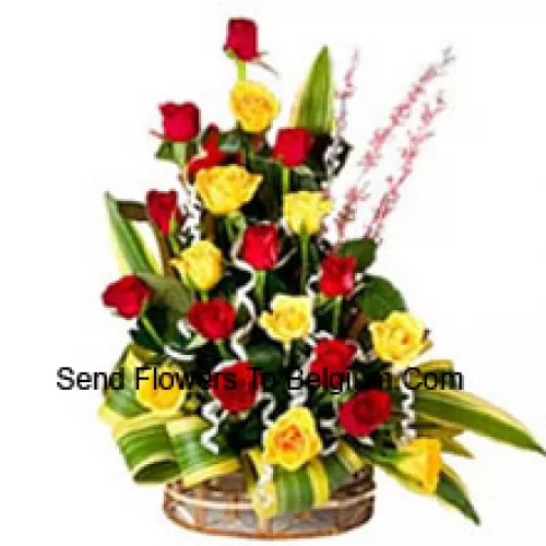 Basket Of 11 Yellow and 12 Red Roses With Seasonal Fillers