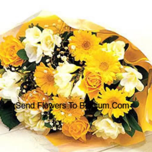 Bouquet de 7 marguerites jaunes avec 7 roses jaunes