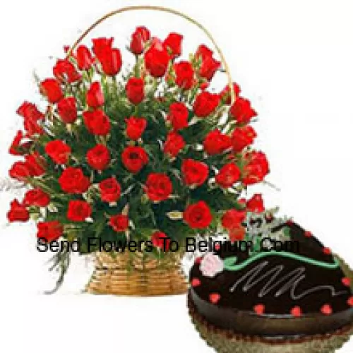 A Basket Of 51 Red Roses With Seasonal Fillers And A 1 Kg (2.2 Lbs) Heart Shaped Chocolate Truffle Cake