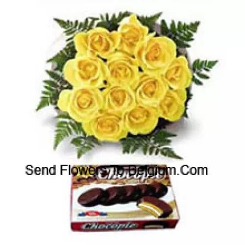 Bouquet de 11 roses jaunes et une boîte de chocolat