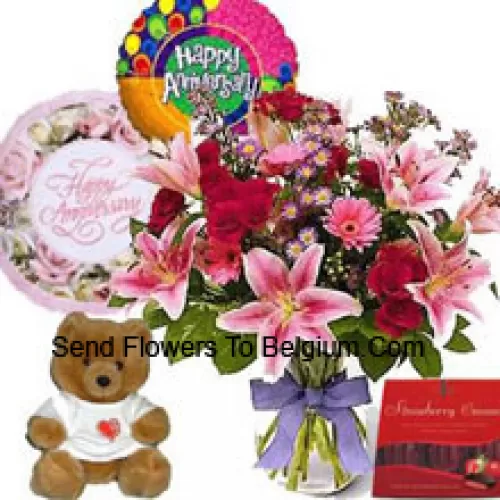 Assorted Flowers In A Vase, A Cute Teddy Bear, A Box Of Chocolate And 1/2 Kg (1 Lb) Strawberry Cake