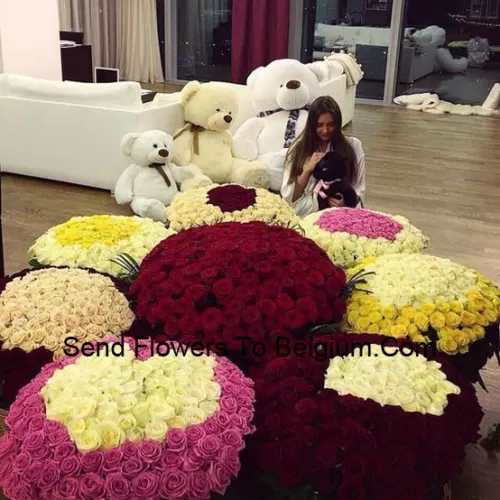 This Premium Room Full Package Has Many Mixed Colored Rose Arrangements And 3 Giant Teddy Bears To Sweep Your Loved One Off Her Feet - Total Number Of Roses In The Package Are 1101