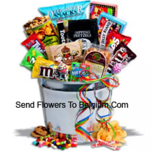 The ultimate junk food gift basket, inside there is a massive collection of snacks including caramelized almonds and popcorn, pretzels, chocolate chip cookies, kettle chips, trail mix, chocolate caramel bites, along with classics like Twizzlers, Tootsie Rolls, Blo Pops, Jelly Beans, Skittles, Smarties, and Nerds etc!  (Please Note That We Reserve The Right To Substitute Any Product With A Suitable Product Of Equal Value In Case Of Non-Availability Of A Certain Product)