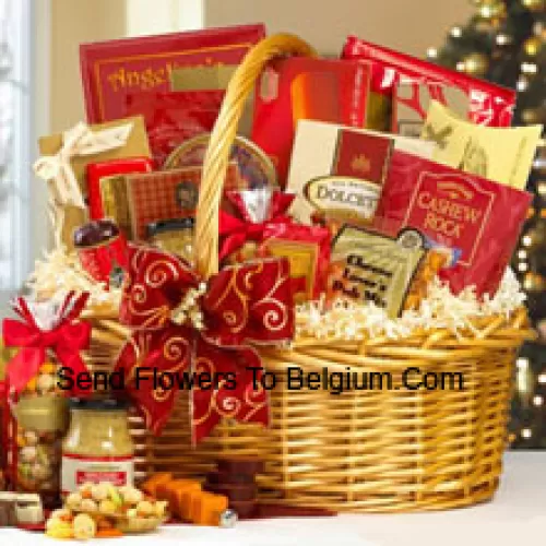 If you are looking for a great gift basket for any occasion, our snack classic will do the trick. It's one of our best sellers, and no wonder. From the color coordinated design to the sweet and savory treats inside, your recipient will be thrilled. Inside they will find Earl Grey Tea, Tomato Basil Beef Salami, Cheddar Cheese, Water Crackers, Smoked Salmon, Dragon Snack Mix, Tiramisu Cake, Roasted Pecans, Whole Grain Mustard, Gouda Cheese Biscuits, Sweet Butter Cookies, Pecan Almond Crunch, Chocolate Wafer Rolls, Cashew Roca, Fruit Candies, Cheese Lover's Pub Mix, Belgian Chocolate Petites and Old North State Blend Coffee. (Please Note That We Reserve The Right To Substitute Any Product With A Suitable Product Of Equal Value In Case Of Non-Availability Of A Certain Product)