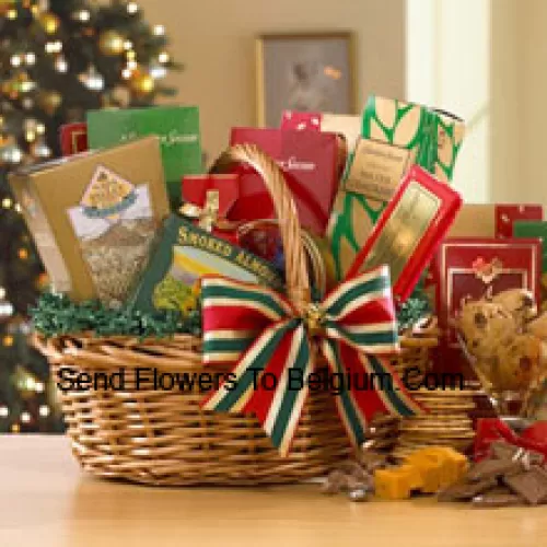 Filled with festive goodies and wrapped with a colorful ribbon, this gourmet basket is filled with the best sweet and savory snacks we have to offer! Your recipient will love the Fancy Water Crackers, Sharpy Cheddar, Honey Mustard Pretzel Nuggets, Dutch Gouda Cheese Biscuits, Smoked Almonds, assorted Fruit Bonbons, Homestyle Peanut Brittle, Chocolate Chip Cookies, Chocolate Truffles and mouthwatering Milk Chocolate. (Please Note That We Reserve The Right To Substitute Any Product With A Suitable Product Of Equal Value In Case Of Non-Availability Of A Certain Product)
