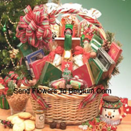 This Basket includes 2 oz White Cheddar Popcorn, 3 oz Holiday Confetti Corn, 8 oz Butter Toffee pretzels, Chocolate Cherry Delights, Chocolate Mint Delights, Peanut Butter Delights, Coconut Delights, 3 oz Summer Sausage, 3 oz Beef Salami, Grained Mustard, Stone Wheat Crackers, Happy Holidays Theme Bag with Starlite Mints, Creamy Brie Cheese Spread, Creamy Vegetable Spread, Chocolate Walnut Fudge, Holiday Tavolare Savory Snack Mix, Wolfgang Puck Gourmet Coffee, Holiday Cocoa and 4 oz. Honey Sweet Peanuts. (Please Note That We Reserve The Right To Substitute Any Product With A Suitable Product Of Equal Value In Case Of Non-Availability Of A Certain Product)