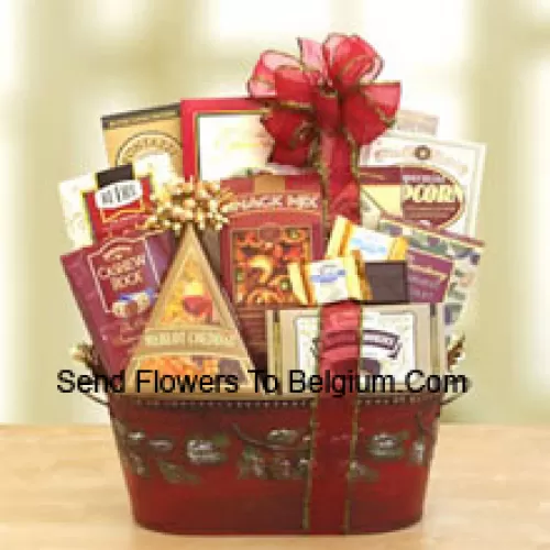 Spread some Christmas cheer to everyone on your holiday gift list this year with our delight gourmet snack basket. This memorable selection arrives in a beautiful pine-cone embossed metal container that is perfect to re-use for many seasons to come. We've packed it with a variety of sweet and savory snacks that anyone will enjoy. Inside they'll be delighted to discover Sonoma cheese straws, chocolate brulee cake, cranberry harvest medley dried fruit, butter-toffee pretzels, Cashew Roca, chocolate chip cookies, merlot cheddar cheese, snack mix, and truffle cookies . It's topped off with a matching red ribbon and delivered straight to their front door or office. (Please Note That We Reserve The Right To Substitute Any Product With A Suitable Product Of Equal Value In Case Of Non-Availability Of A Certain Product)